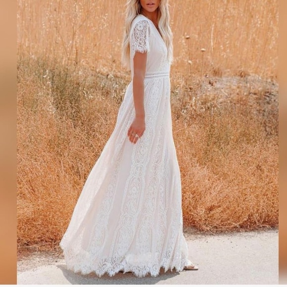 NEW Odizli Boho Maxi Dress 6 Embroidered Mesh Lace Bridesmaid Beachy White Flowy - Picture 4 of 13